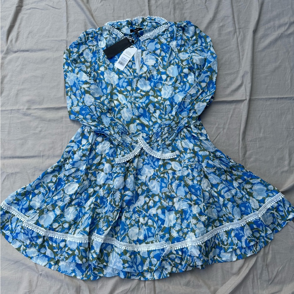 ME+EM Silk Blend Shadow Bloom Print Short Swing Dress + Belt